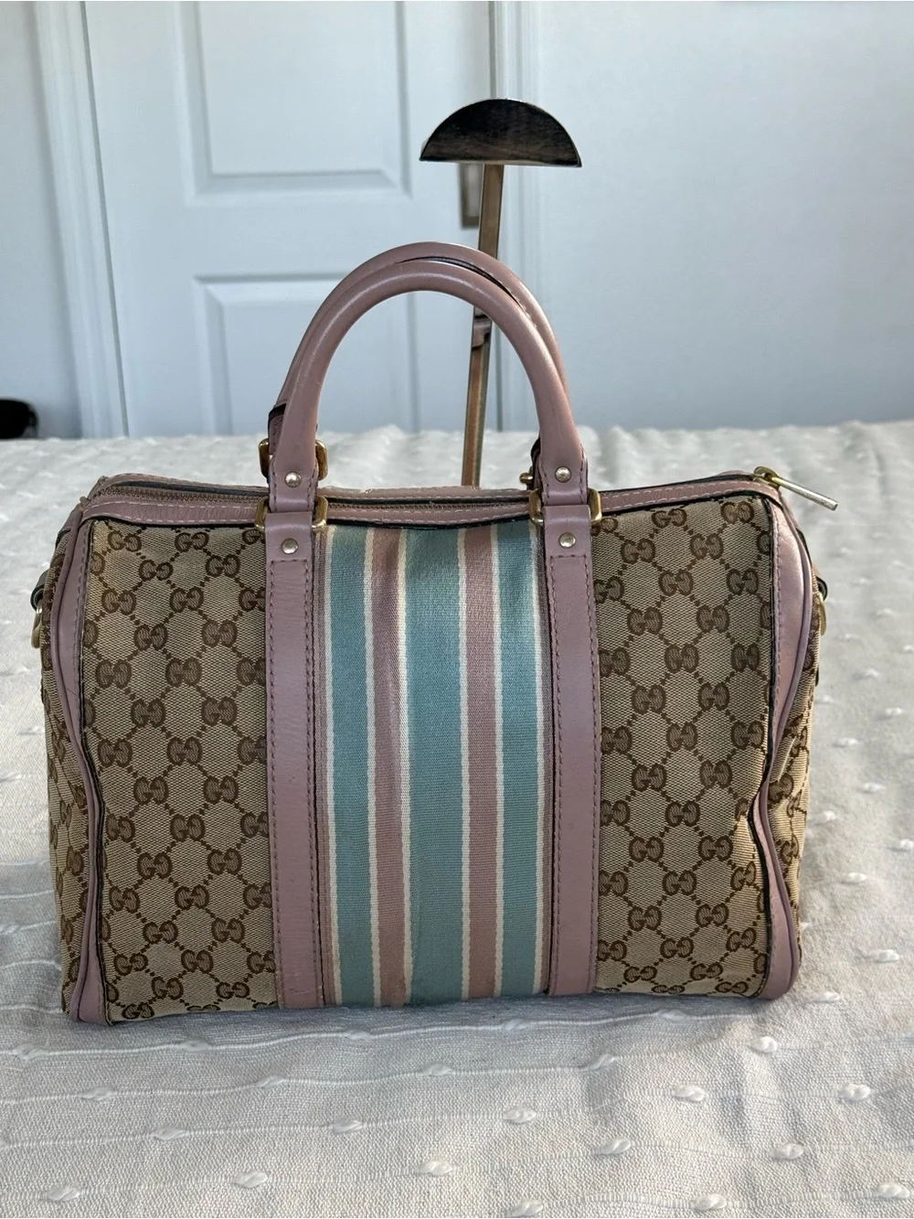 Gucci Beige GG Canvas Satchel with Pink Trim and Blue-Green Stripe